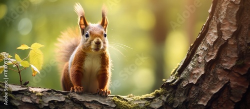 The image showcases a squirrel precariously balanced on a tree branch in a natural setting