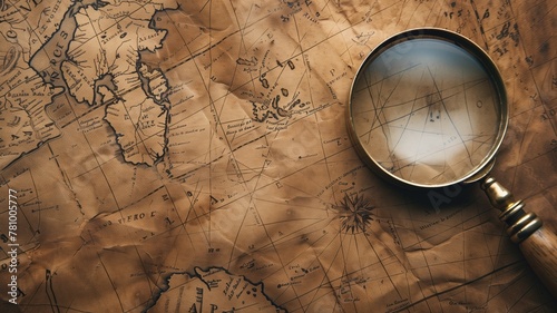 Magnifying glass resting on old, detailed world map with geographical features