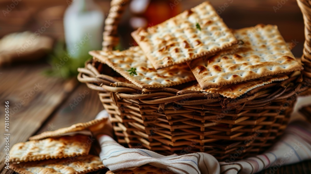 A basket overflowing with matzah (both whole and broken pieces) can be placed on the table.Traditional of Holiday on Passover.