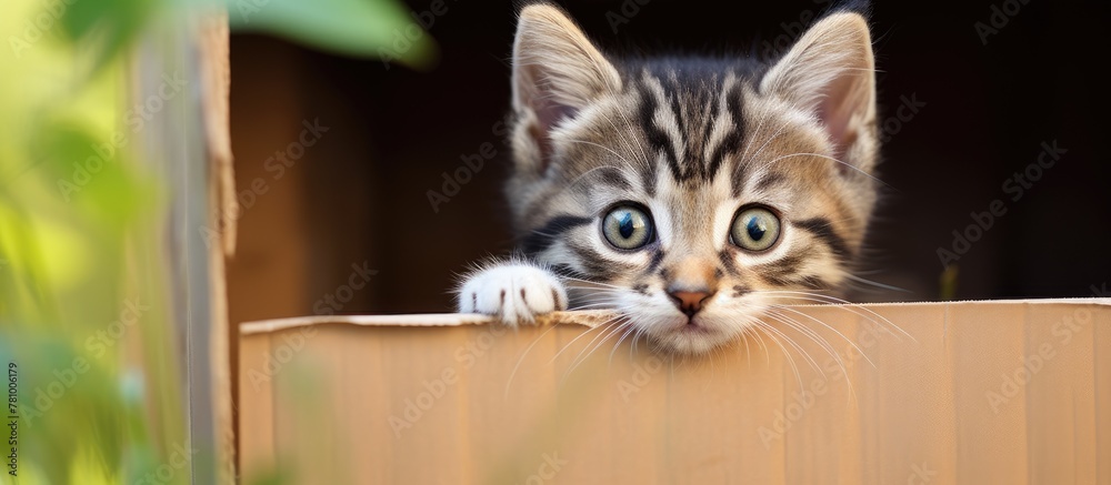 Tiny kitten with inquisitive eyes peering out from a cardboard box