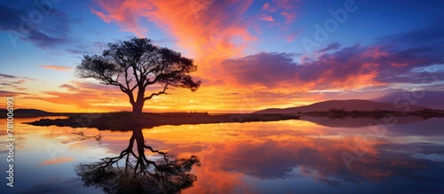 The serene image of a tree mirrored in the calm waters during a beautiful sunset