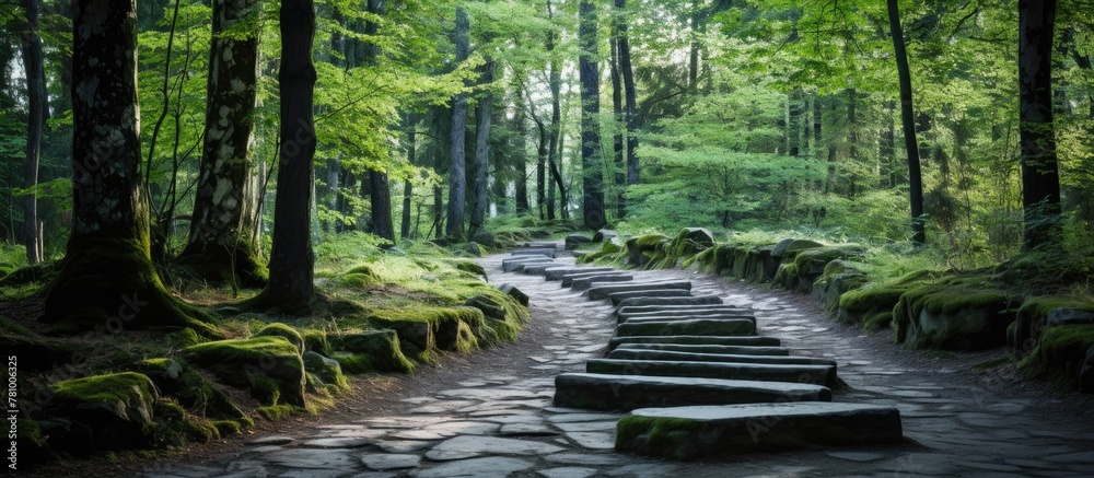 Obraz premium The winding path leads through a thick forest with tall trees and green foliage