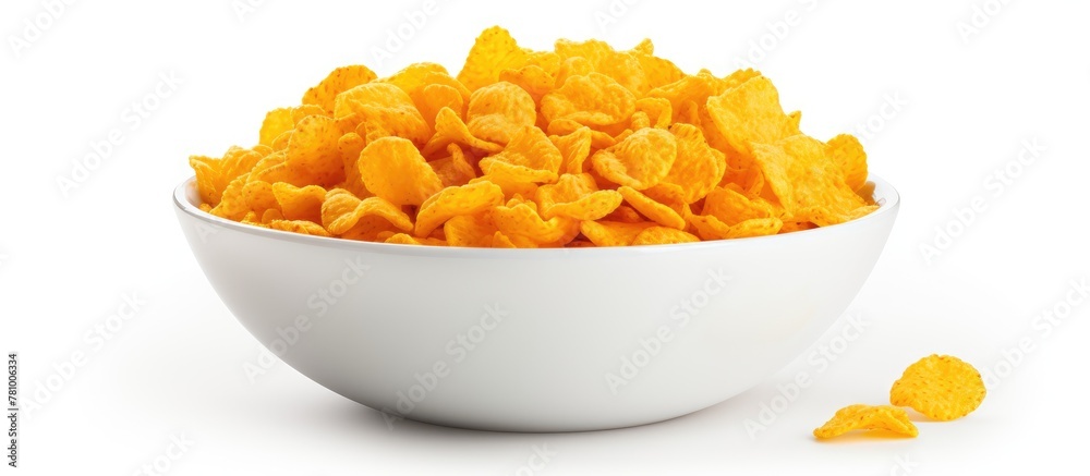Close-up of a simple white bowl filled with corn flakes placed on a clean white tabletop Close-up of a simple white bowl filled with corn flakes placed on a clean white tabletop