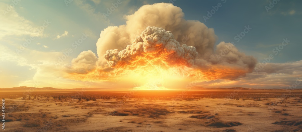 A large cloud of smoke rises from the dry desert landscape, creating a dramatic scene in the arid expanse under the open sky.