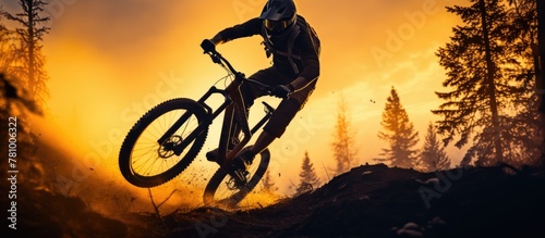 A mountain biker zooms down a trail, kicking up dust, against a backdrop of a setting sun © Ilgun