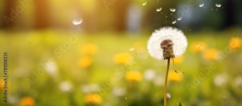 Amidst a field of vibrant yellow flowers  a dandelion sways gracefully in the wind