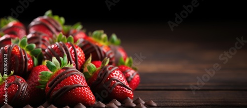 Fresh strawberries dipped in chocolate arranged on a rustic wooden table ready to be enjoyed