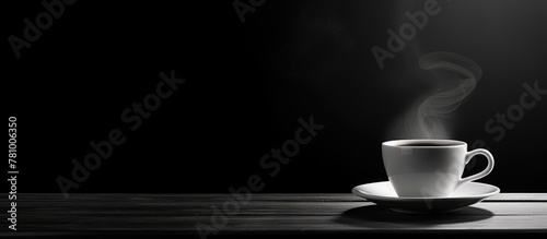 The image showcases a close-up view of a cup of coffee placed on a saucer on a table surface