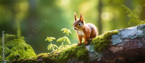 Squirrel resting on a tree branch covered in green moss in a close-up shot