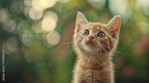 A curious small ginger kitten gazing up at the camera