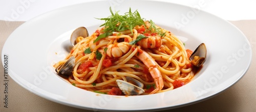 Delicious spaghetti dish topped with fresh clams served on a white plate