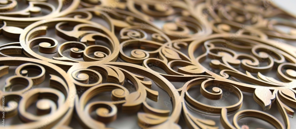 A detailed close-up of a wall made of metal featuring an elaborate golden design etched into the surface A detailed close-up of a wall made of metal featuring an elaborate golden design etched into the surface