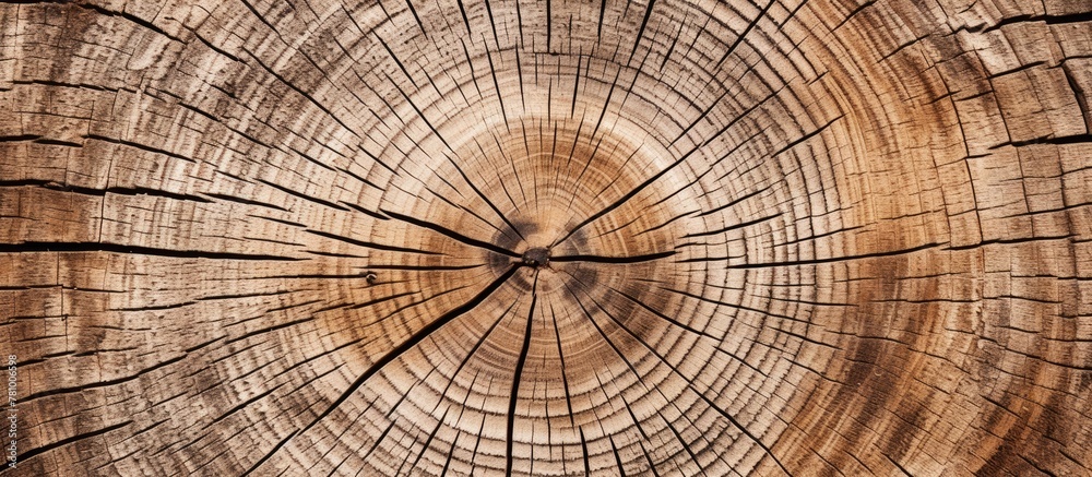 Fototapeta premium The detailed view showcases the inner structure of a tree trunk with a visible cross-section, revealing growth rings and intricate patterns.