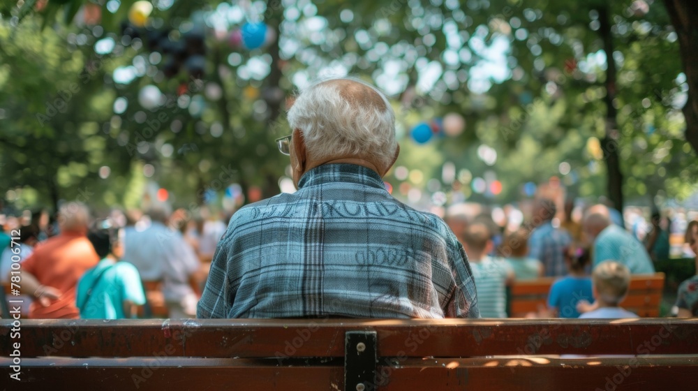 An elderly man sitting on a bench back facing the camera as proudly watches grandchildren participate in the festival parade. . . An elderly man sitting on a bench back facing the camera as proudly watches grandchildren participate in the festival parade. . .