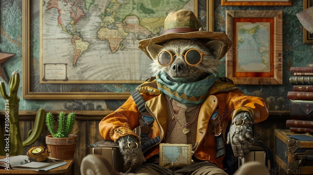 Fototapeta premium Hipster melon fisherman, hyena sidekick, Victorian backdrop, cartography maps spread out, unique blend ,3D render