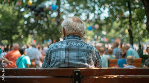 An elderly man sitting on a bench back facing the camera as proudly watches grandchildren participate in the festival parade. . . photo