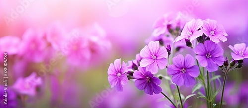 Field filled with blooming purple flowers illuminated by a radiant light in the background