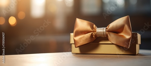 Close-up view of a shiny gold gift box adorned with a decorative bow tie