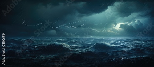 Ominous storm clouds gather above the turbulent ocean, accompanied by flashes of lightning in the dark sky