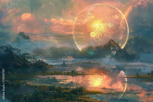 A glowing orb floating amidst the swirling mist of a mysterious swamp.