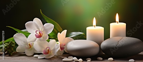 Arrangement of candles, stones, and orchids placed on a table against a green background