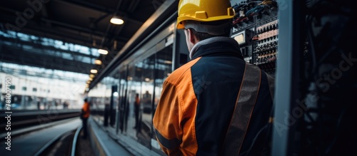 A worker wearing a hard hat is standing in front of a train on the tracks photo