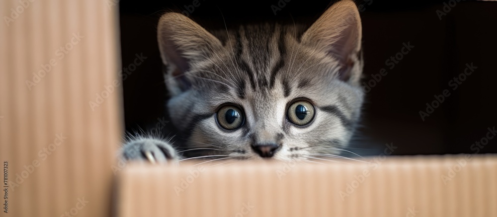 Feline peering out from within a container, curious about its surroundings Feline peering out from within a container, curious about its surroundings
