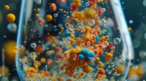 In the midst of a chemical reaction small colorful molecules swirl and mix together in a glass flask. This is a key stage in the alchemical process of converting biomass into usable . photo