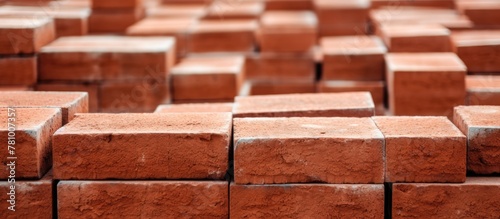 Red bricks piled neatly one on top of the other in a close-up view, showcasing their sturdy construction material