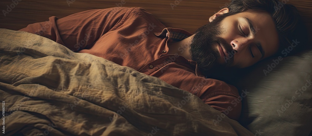 A man is peacefully sleeping in bed with his eyes closed, while another man appears distressed and unable to sleep, depicting insomnia and sleep disorders A man is peacefully sleeping in bed with his eyes closed, while another man appears distressed and unable to sleep, depicting insomnia and sleep disorders
