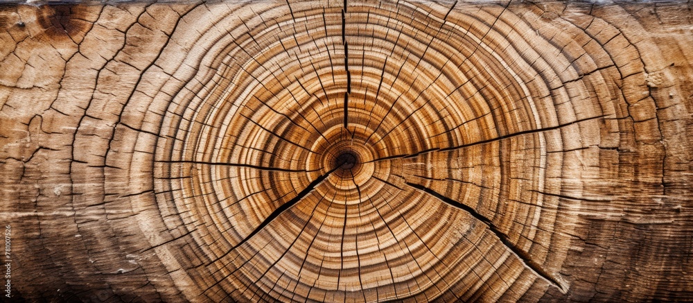 The detailed view of a tree trunk showcasing a cross section cut in half, revealing its inner structure and growth rings The detailed view of a tree trunk showcasing a cross section cut in half, revealing its inner structure and growth rings