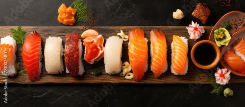 Wooden board showcasing a variety of sushi and sashimi dishes