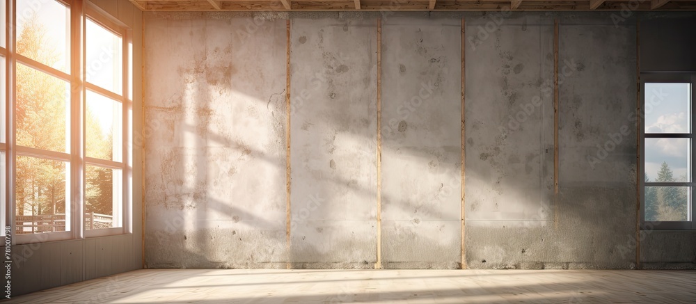 The image captures a room interior featuring a spacious window and elegant wooden floor The image captures a room interior featuring a spacious window and elegant wooden floor