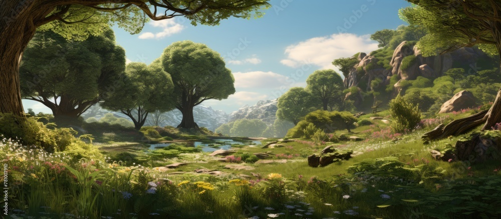 The tranquil scene depicts a serene forest with a gentle stream meandering through its verdant foliage The tranquil scene depicts a serene forest with a gentle stream meandering through its verdant foliage