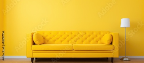 Yellow couch is featured in a brightly lit room alongside a lamp, creating a warm and inviting atmosphere.