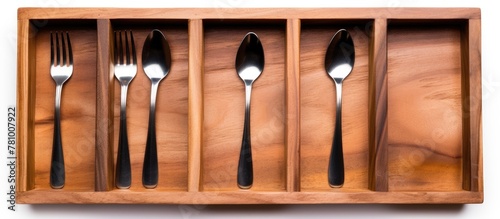Wooden container holding a quartet of forks and spoons, kitchen utensils neatly stored