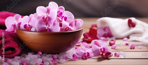 Bowl filled with vibrant flowers and folded towels placed on a table surface