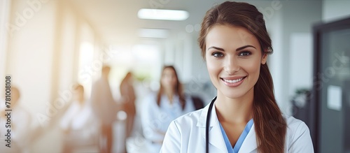 Close up image of a female wearing a white coat and stethoscope, emphasizing medical profession photo