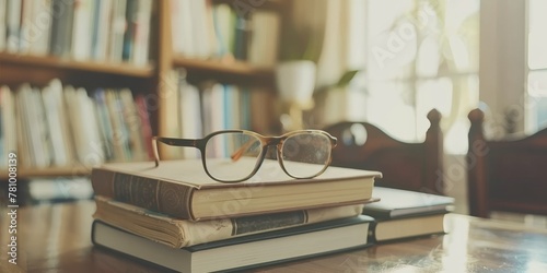 A stack of books with a pair of glasses on top