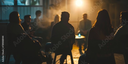 A group of people sitting around a table in a dimly lit room. Scene is one of camaraderie and togetherness