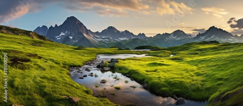Lush valley surrounded by towering mountains with a serene stream flowing through