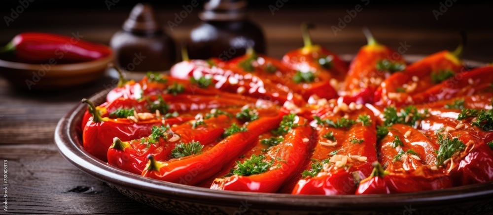 Displaying vibrant red peppers with a sprinkle of fresh herbs on a plate