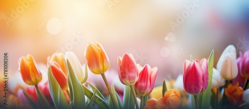 Vibrant tulips create a colorful display in a sprawling meadow filled with various blossoms #781008304