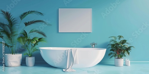 A white bathtub with a towel next to it and a mirror above it. The bathroom is decorated with plants and has a blue wall