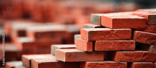 Close-up view of a neat pile of red bricks stacked on top of each other