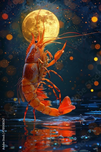Cartoon shrimp dancing under the stars, bright moonlight, joyous pose, vibrant scene ,3d illustration. photo