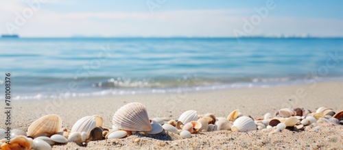 Sandy beach strewn with various shells, boat visible in the distant background