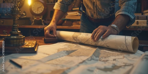 A man is looking at a map and writing on it. The map is large and the man is using a pen to make a mark. The scene is set in a room with a clock on the wall and a few books scattered around