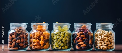 Multiple glass containers arranged in a line containing a mix of almonds and raisins photo