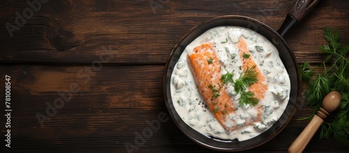 Salmon fillet cooking with fresh dill herbs in a pan, close-up shot highlighting the delicious and healthy meal preparation